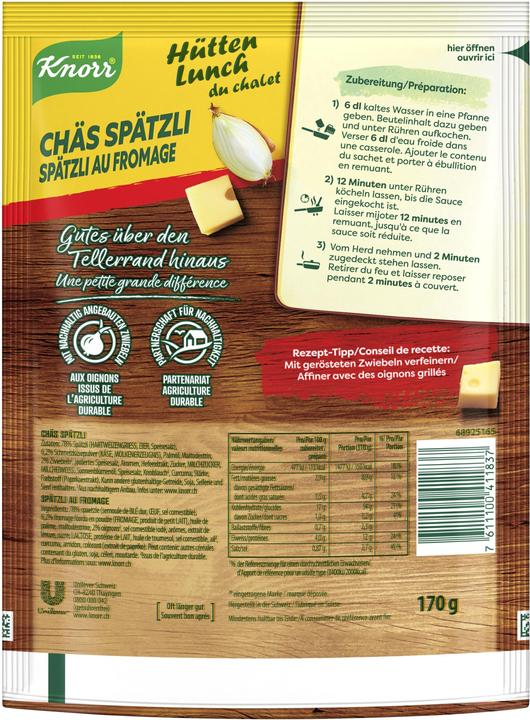 Actual product image Knorr Hütten Lunch du Chalet Chäs Spätzli bag, creamy cheese, finest spaetzli & ham, ready meal (180 g)