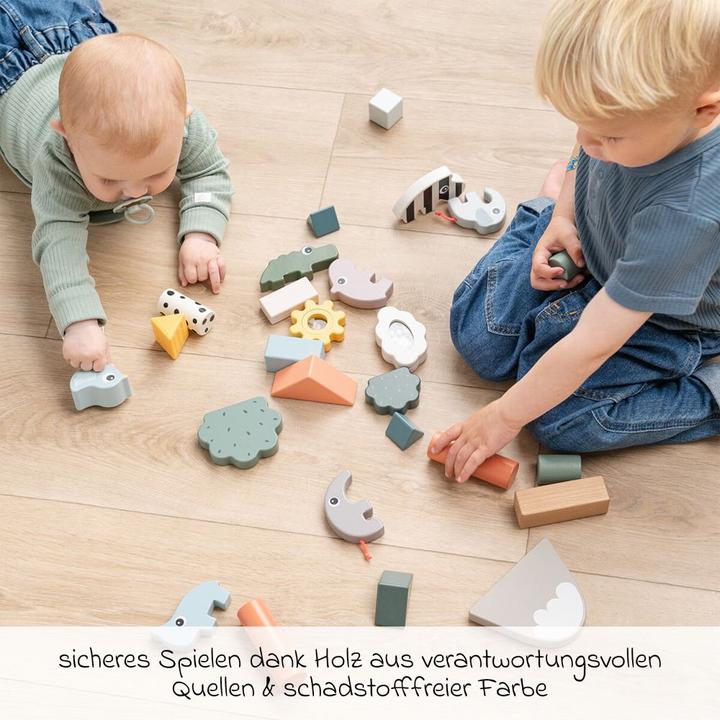 Immagine prodotto Done by Deer Stapeltürme & Steckspiele Holzbausteine 34 Stück mit Spiegel, Rassel