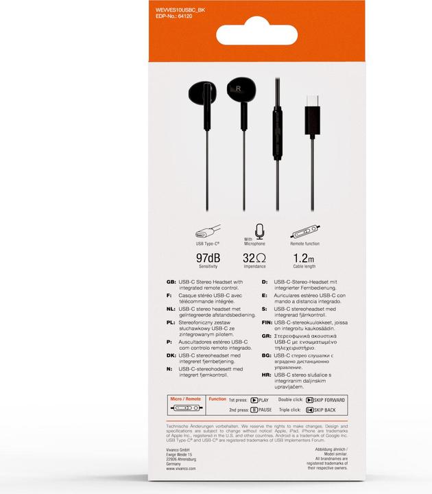 Produktbild Vivanco USB-C Capsule In-Ear Stereo Headset, schwarz, kabelgebunden inkl. Fernbedienung (Kabelgebunden)