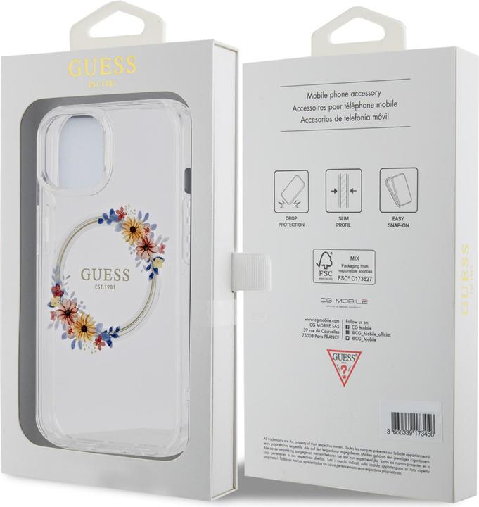 Productafbeelding Guess GUHMP15SHFWFCT iPhone 15 / 14 / 13 6,1" transparante hardcase IML Bloemen Krans MagSafe (Apple iPhone 15)