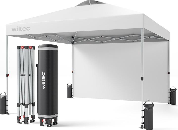 Gazebo pop up 3x3m bianco sezione laterale ruote gazebo da giardino gazebo pieghevole (300 cm, 300 cm)