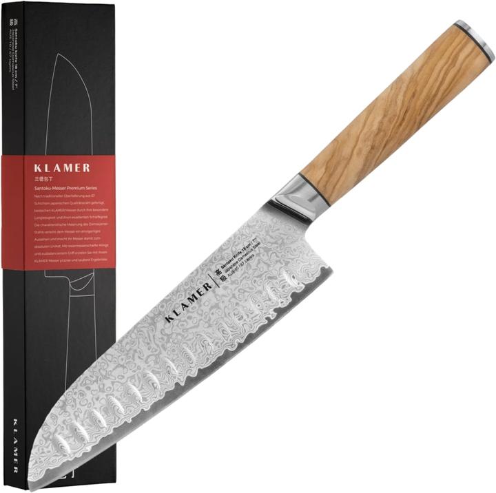 Actual product image KLAMER Santoku Damastmesser Olive 18 cm Kochmesser (18 cm)
