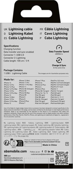 Actual product image SBS Data cable USB 2.0 to Apple Lightning (1 m, USB 2.0)