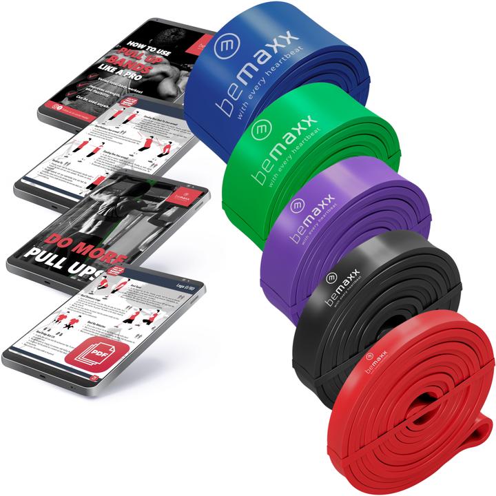 Produktbild BeMaxx Fitness Klimmzugband 5er-Satz, (Rot, Schwarz, Lila, Grün, Blau)