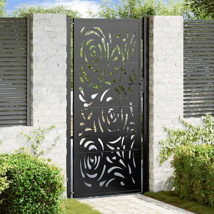 Actual product image VidaXL Garden gate black 105x205 cm steel flame design fence gate outdoor gate