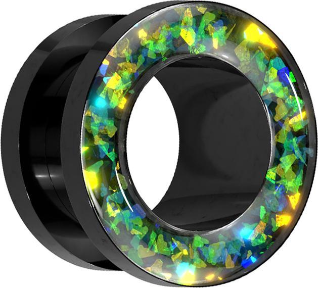 Produktbild Star Piercing Flesh Tunnel schwarz mit grünem Opal Glitter Rand (ohne Messing, Chirurgenstahl 316L)