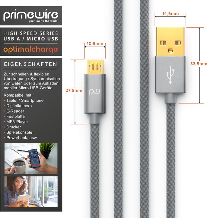 Immagine prodotto Primewire Cavo Micro USB - Cavo di ricarica rapida MicroUSB 2.4A, nylon, spina in metallo, cavo di ricarica (5 m, USB 2.0)