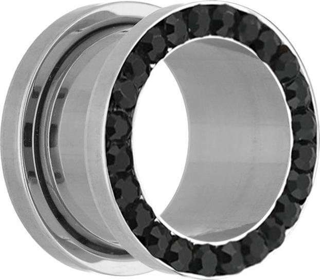 Star Piercing Flesh Tunnel silber mit Kristall schwarz (ohne Messing, Chirurgenstahl 316L)