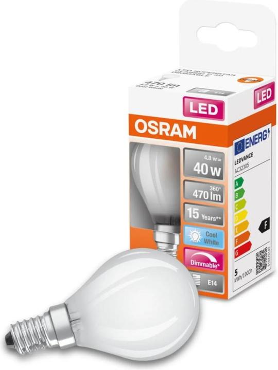 Actual product image Osram LEDSCLP40D 5W/840 230VGLFR E14 10X1OSRAM (E14, 4.80 W, 470 lm, 1 x, F)