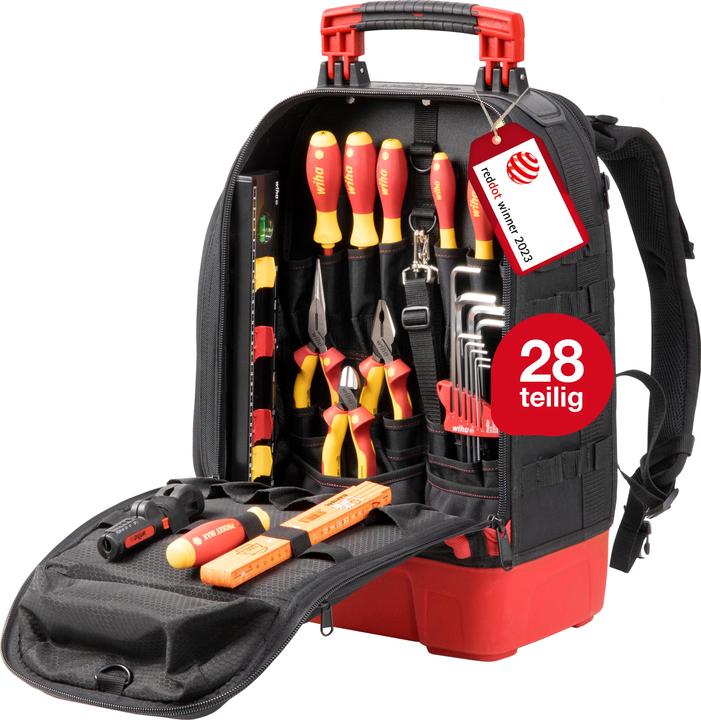 Produktbild Wiha Elektriker Werkzeugrucksack 27tlg Elektriker Grundausstattung stabiler Standboden Laptopfach (28 Teile)