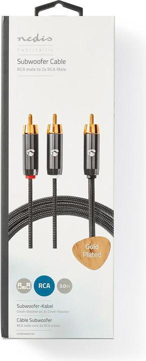 Actual product image Nedis Subwoofer Cable | RCA | 2x RCA Plug | Gold Plated | 3.00 m | Round | 4.5 mm | Grey / Gun Metal (3 m)