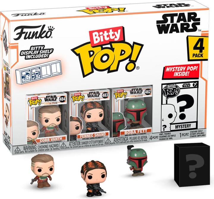 Actual product image Funko Bitty POP! Mandalorian - Cobb Vanth™, Bitty Pop! Fennec Shand™, Bitty Pop! Boba Fett™, and a