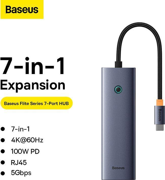 Produktbild Baseus Hub 7w1 UltraJoy 7-Port ( USB-C to 1xHDMI4K@30Hz + 2xUSB 3.0 + 1xPD +RJ45 + SD/TF3.0) (7 Ports)