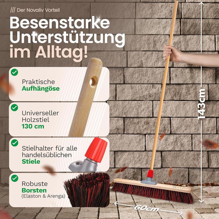 Produktbild Novaliv 2 x Besen mit Holzstiel 60 cm I Arenga-Elaston Kehrbesen Gartenbesen I Industriebesen Strassenbesen (2 Stk.)