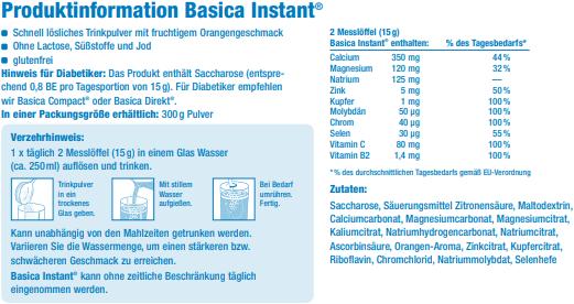 Nutritional values and ingredients Basica Instant Drinks Powder Orange (1 Piece, Powder, 300 g)
