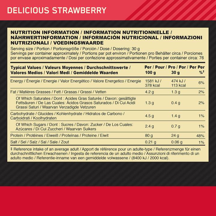 Nutritional values and ingredients Optimum Nutrition 100% Whey Gold Standard (Delicious Strawberry, 1 pcs., 4540 g)