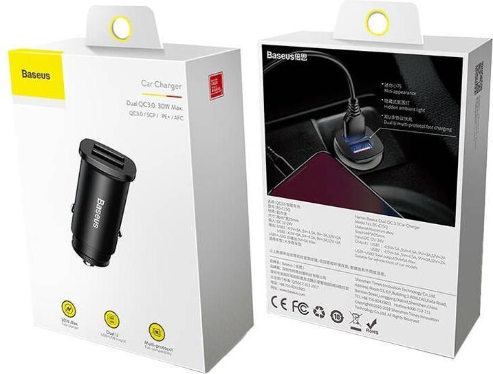 Actual product image Baseus Square metal A+A 30W Dual QC3.0 Quick Car Charger Black