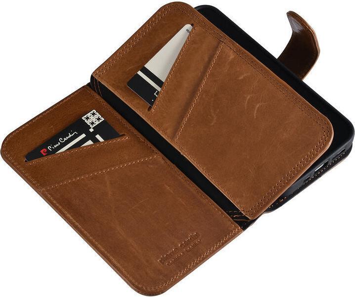 Actual product image Pierre Cardin Case iPhone 13 Mini - Genuine leather book case brown & 6 card slots (Apple iPhone 13 mini)