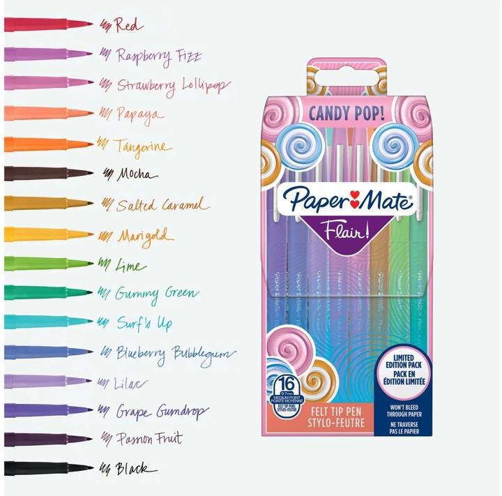 Actual product image Paper Mate Flair Candy Pop (Lilacs, Salted Caramel, grape, Orange, Raspberry, Marigold, Blueberry Bubblegum, Light green, Brown, 16 x)