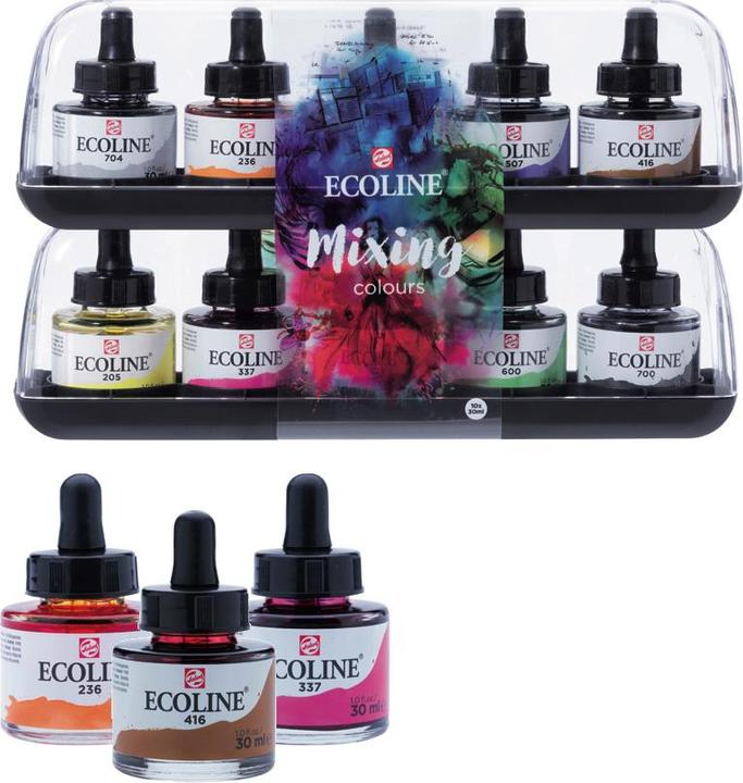 Actual product image Talens Ecoline set (Lemon, Magenta, Sky blue, Green, Black, Grey, Bright orange, Vermilion, Sepia, Ultramarine violet, 300 ml)