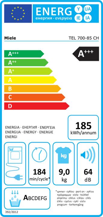 Etichetta energetica Miele TEL700-85 CH EcoSp&Steam&9kg (9 kg, A sinistra, Spina CH)
