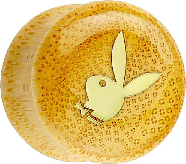 Produktbild Star Piercing Flared Plug aus Bambusholz Playboy Bunny auf goldenem grund (Organisch, Mineralisch, ohne Messing)