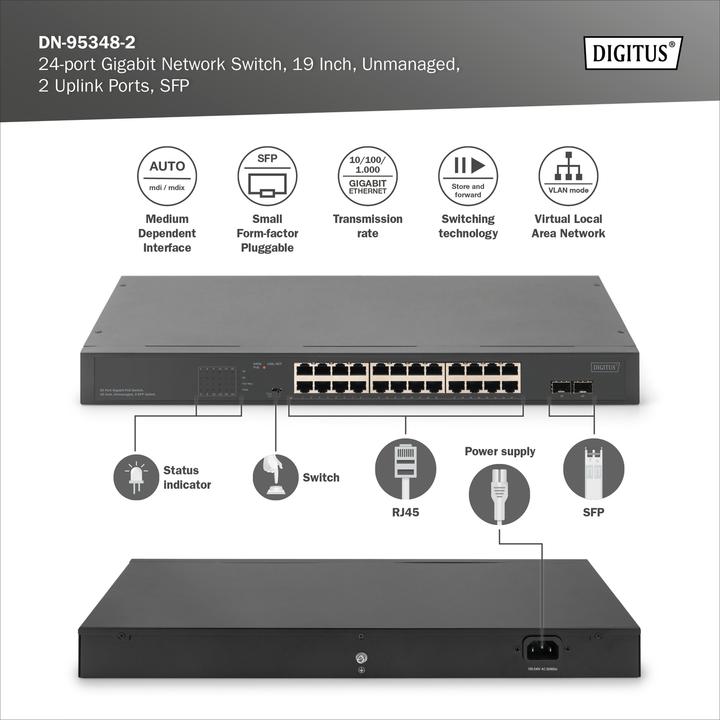 Actual product image Digitus 24-Port Gigabit Netzwerkswitch, 19 Zoll, unmanaged,2 Uplink Ports, SFP (24 Ports)