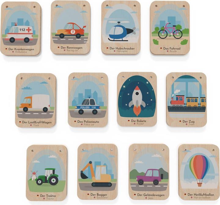 Actual product image Activity Board Bilingual wooden flashcards (German - English), wooden flashcards for vehicles, learning languages (German)
