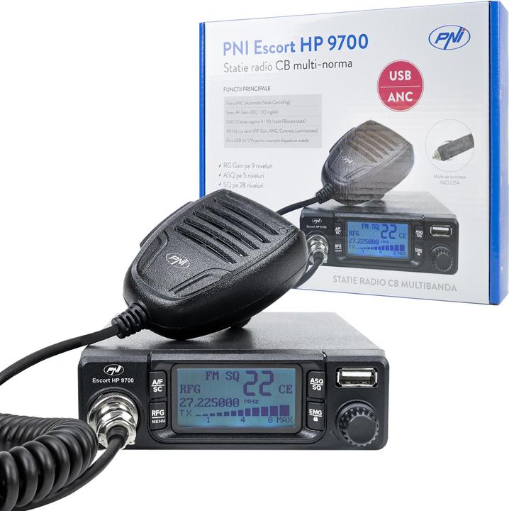 PNI CB radio Escort HP 9700 USB, ANC, ASQ, 12V/24V power supply, cigarette lighter plug included