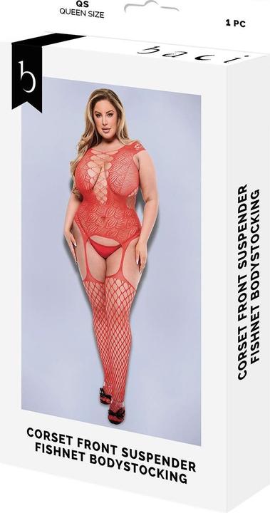 Image du produit Baci XGEN Corset Front Suspender Fishnet Bodystocking - Red - Q (UK Size 14-20) - Passionné et (14, 15, 16, 17, 18, 19, 20)