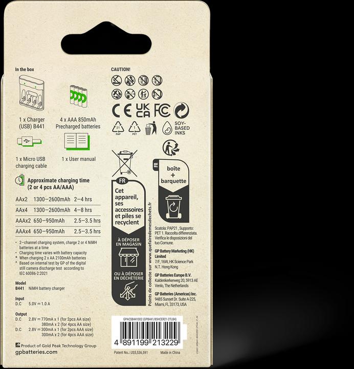Actual product image GP Batteries GP ReCyko Everyday Battery Charger, B441 (USB), incl. 4 x AAA 850 mAh batteries (4 pcs., AAA, 850 mAh, Battery + charger)
