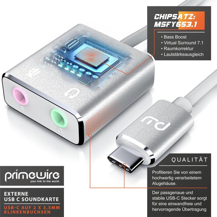 Actual product image Primewire External USB C sound card, Virtual 7.1 Surround, stereo audio / headphone adapter, DA converter, DAC (USB-C)