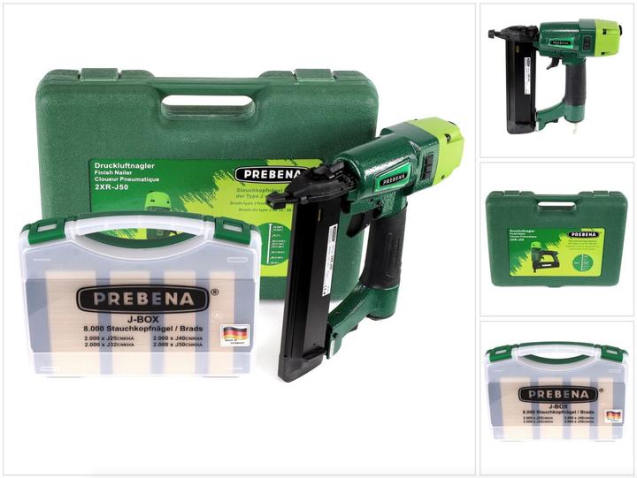1x clé à six pans creux, 1x Prebena J-BOX 8.000 clous à tête rétreinte / brads, 1x mallette de transport, 1x cloueur pneumatique Prebena 2XR-J50