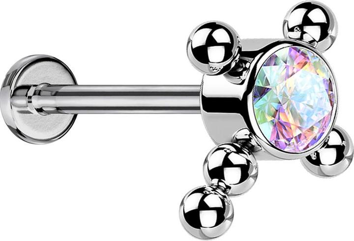 Star Piercing Micro Threadless Labret silber Kreuz Kugeln Kristall multicolor (Titan G23, ohne Messing)