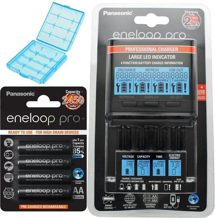 Panasonic Charger EneloopBQ-CC65 incl. LCD display, 4 eneloop pro AA Mignon, AccuCell Box Blue (4 pcs., AA, 2550 mAh, Battery + charger)