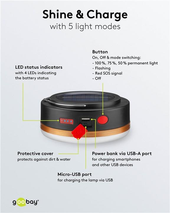 Actual product image Goobay LED solar camping lamp with rechargeable battery
