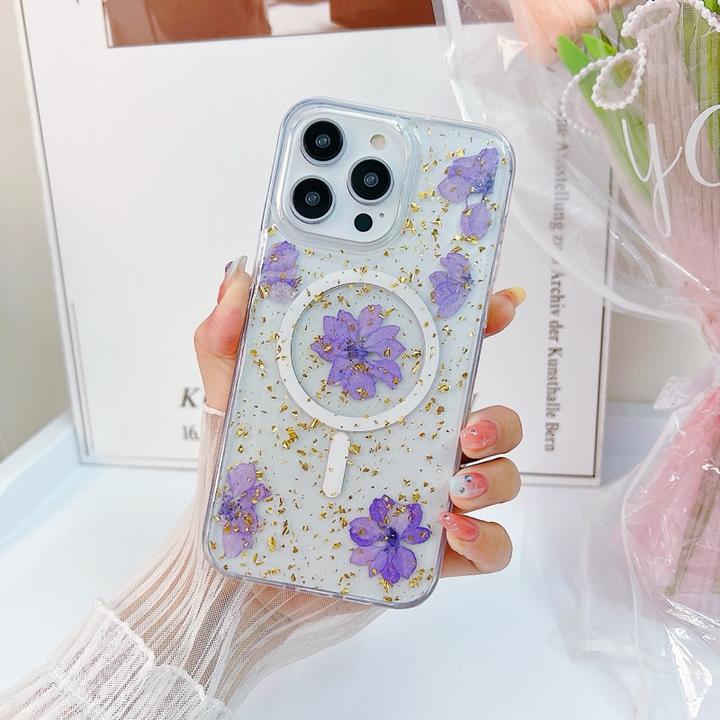 Produktbild RPD iPhone 16e - Hülle mit echten Blumen und goldenen Akzenten mit MagSafe, violett (Apple iPhone 16e)