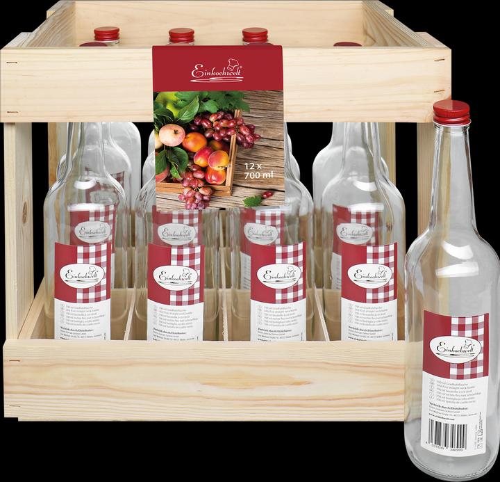 Produktbild Einkochwelt Holzkiste mit 12 x Glasflaschen Verschluss rot 700 m (12 Stk., 0.70 l)