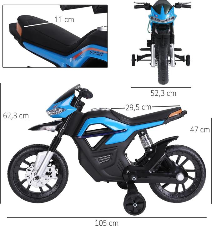 Produktbild Homcom Kinder-Elektromotorrad 3-6 Jahren mit Stützrädern maximal 3 km/h Metall + Kunststoff Blau 105x52,3x6