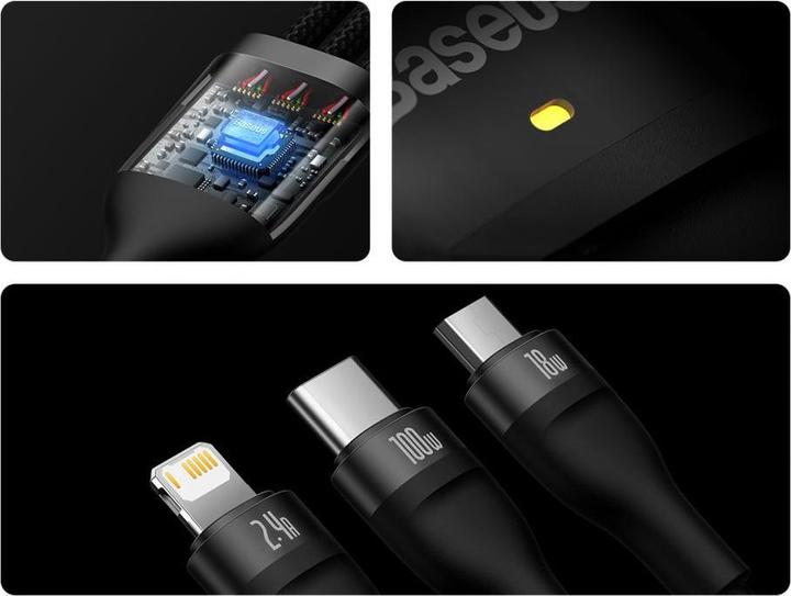 Actual product image Baseus 3in1 USB cable Flash Series, USB-C + micro USB + Lightning, 100W, 1.2m (black) (1.20 m, USB 3.2 Gen 1)