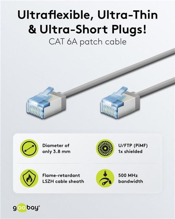 Actual product image Goobay Ultra-flexible CAT 6A patch cable, slim, U/FTP, grey (U/FTP, CAT6a, 0.15 m)