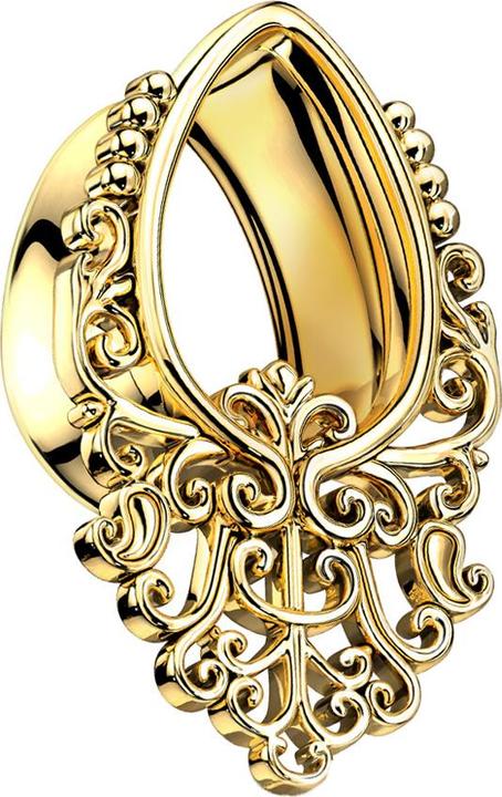 Produktbild Star Piercing Flared Tunnel vergoldet Tropfen mit filigranem Muster (Messing, Chirurgenstahl 316L)
