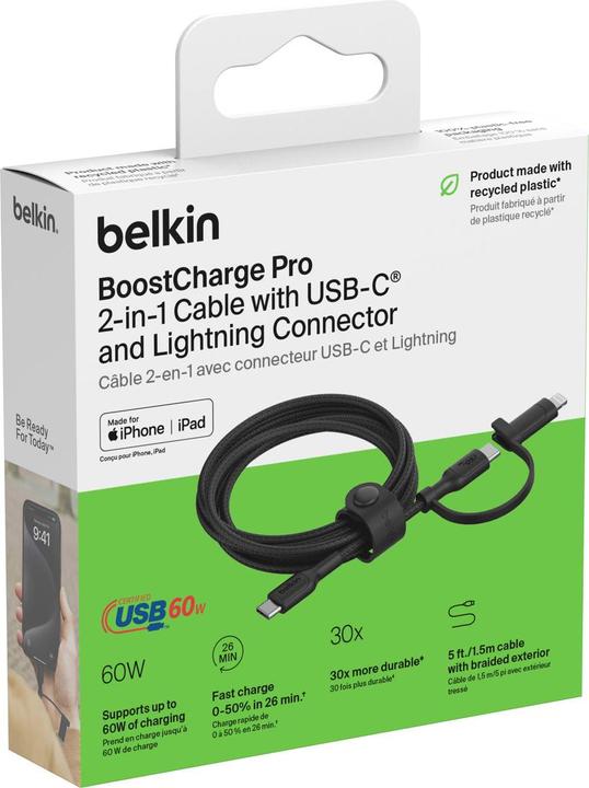 Immagine prodotto Belkin BOOST CHARGE 2-in-1 cavo USB-C/Lig.1.5m sw.CAC003hq1.5MWH (1.50 m, USB 2.0)