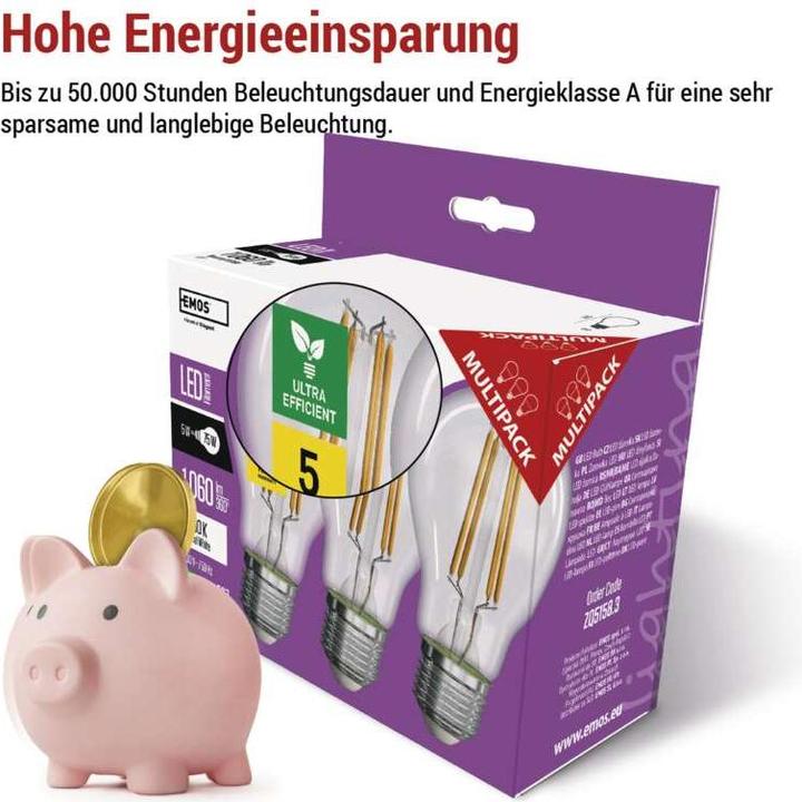 Immagine prodotto Emos LED Lampe Filament A60 / E27 / 5 W (75 W) / 1 060 lm / Neutralweiss (E27, 5 W, 1060 lm, 3 x, A)