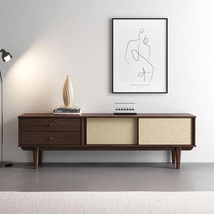 Produktbild IDIMEX Lowboard SIMONA aus Kiefer Massivholz mit Rattangeflecht – Nussbaumoptik