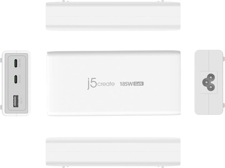 Actual product image j5Create JUP37185W 185W GaN PD 3.1 USB-C® 3-Port Charger-UK, Black, Indoor, AC, 20 V, White (185 W)