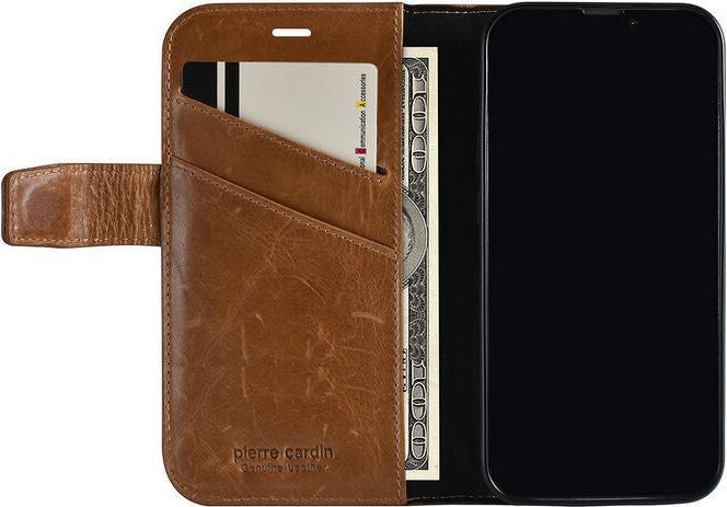 Actual product image Pierre Cardin Case iPhone 13 Mini - Genuine leather book case brown & 6 card slots (Apple iPhone 13 mini)