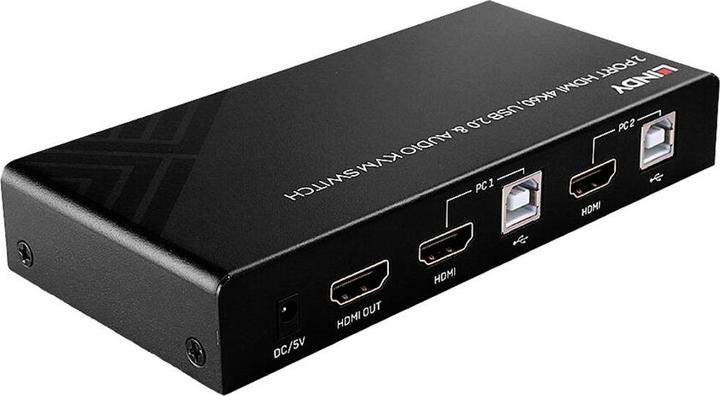 Actual product image Lindy 2 Port KVM Switch HDMI 4K60, USB 2.0 & Audio Switches between 2 HDMI PCs from a single console.