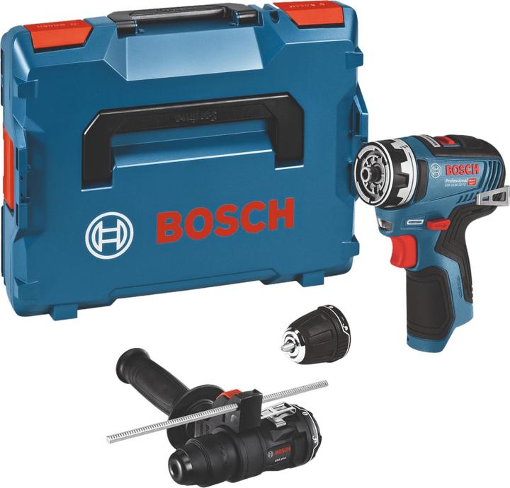 Case L-BOXX 102, Hammer drill attachment, Drill chuck attachment GFA 12-B, 2 batteries, Quick charger, Auxiliary handle, Depth dimension