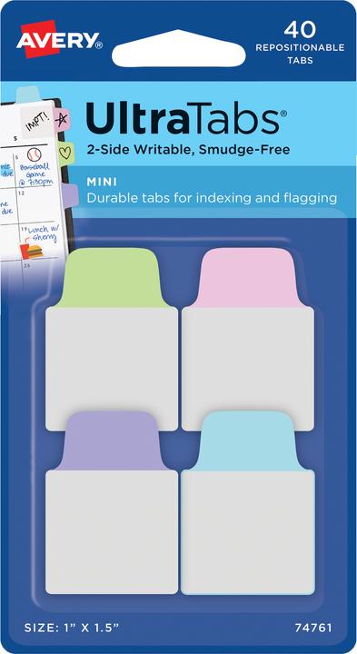 Actual product image Avery Purpose Form Adhesive Strips UltraTabs Pastel, 25.4 x 38 mm writable tabs, made of polyester